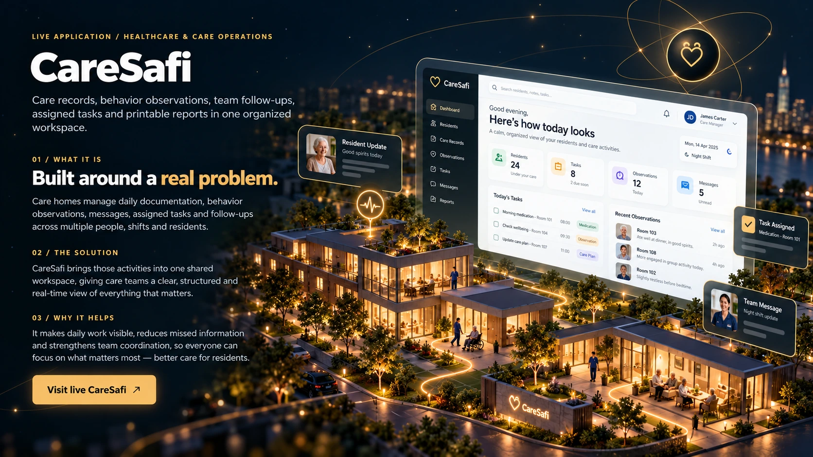 CareSafi cinematic digital care-management illustration